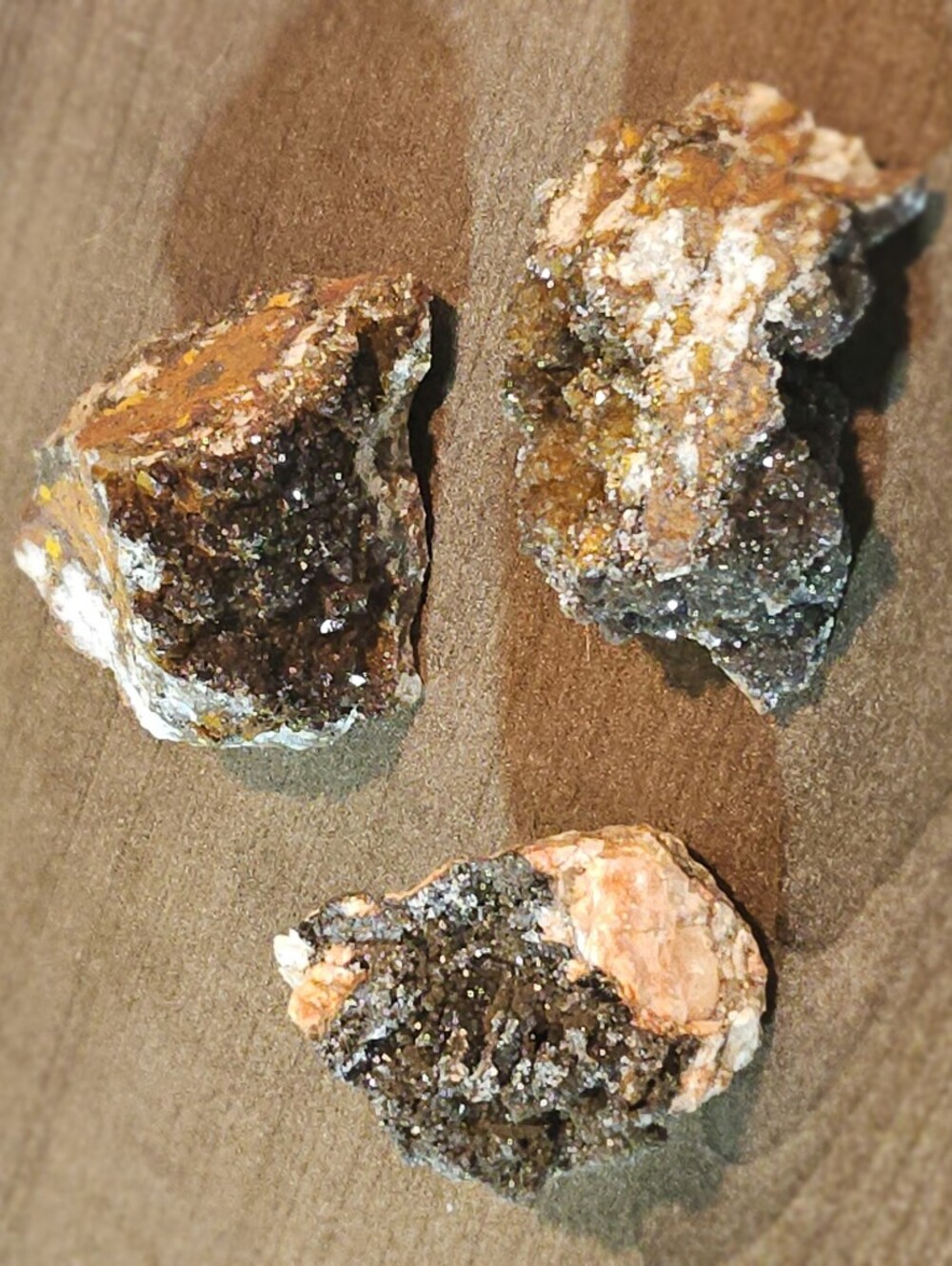 Trio of Glittering Iron Oxide & Druzy Crystal Clusters on Feldspar Matrix